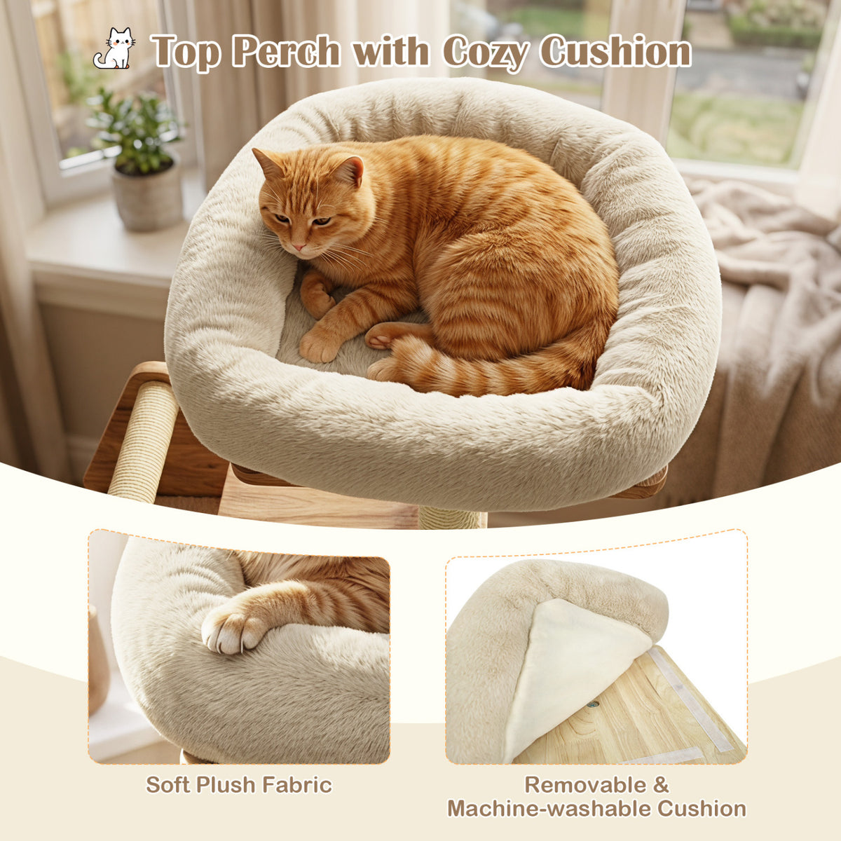 48.5" Multi-Level Solid Wood Cat Tree for Indoor Cats with Padded Top Perch Cat Condo and Sisal Scratching Posts-Beige