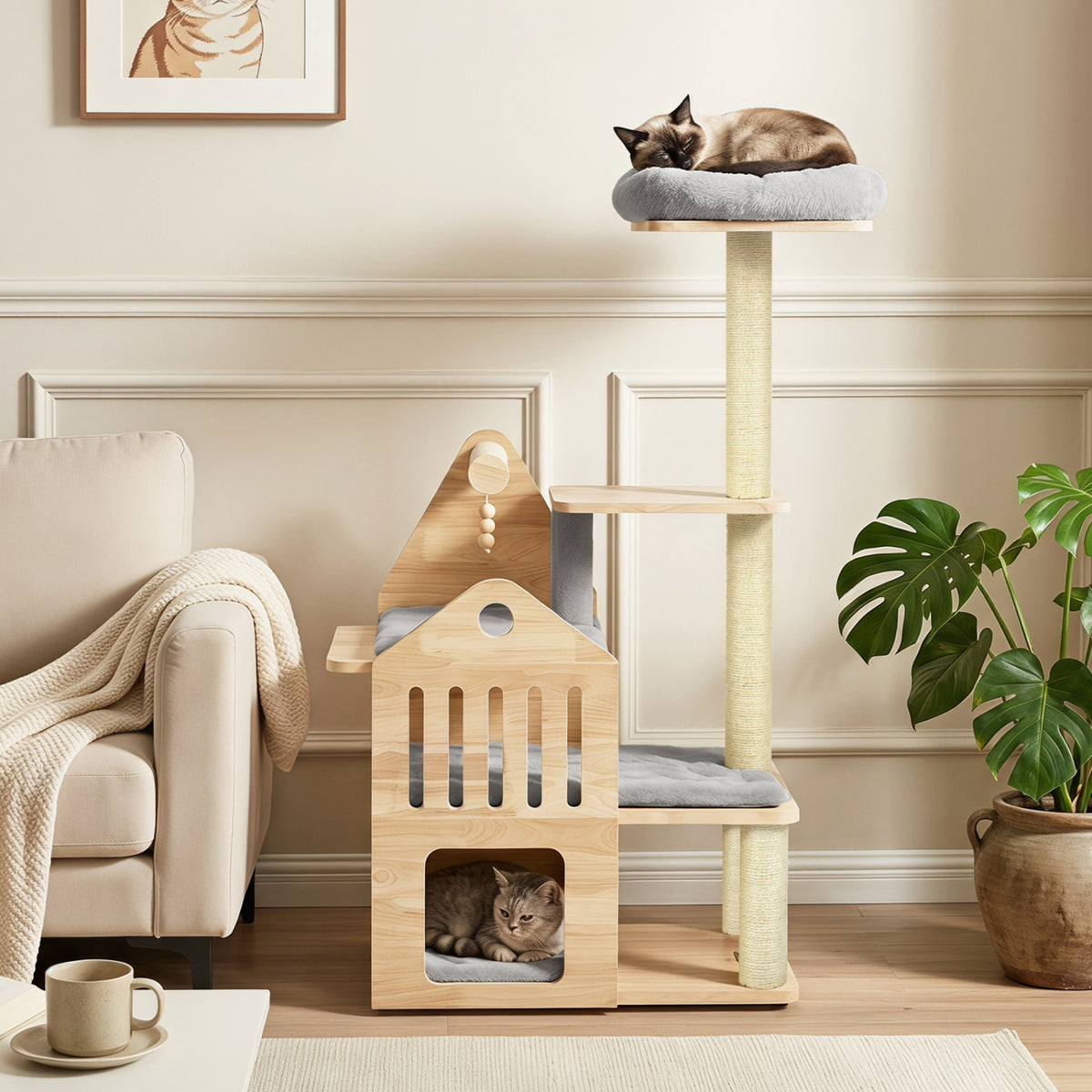 48.5" Multi-Level Solid Wood Cat Tree for Indoor Cats with Padded Top Perch Cat Condo and Sisal Scratching Posts-Gray
