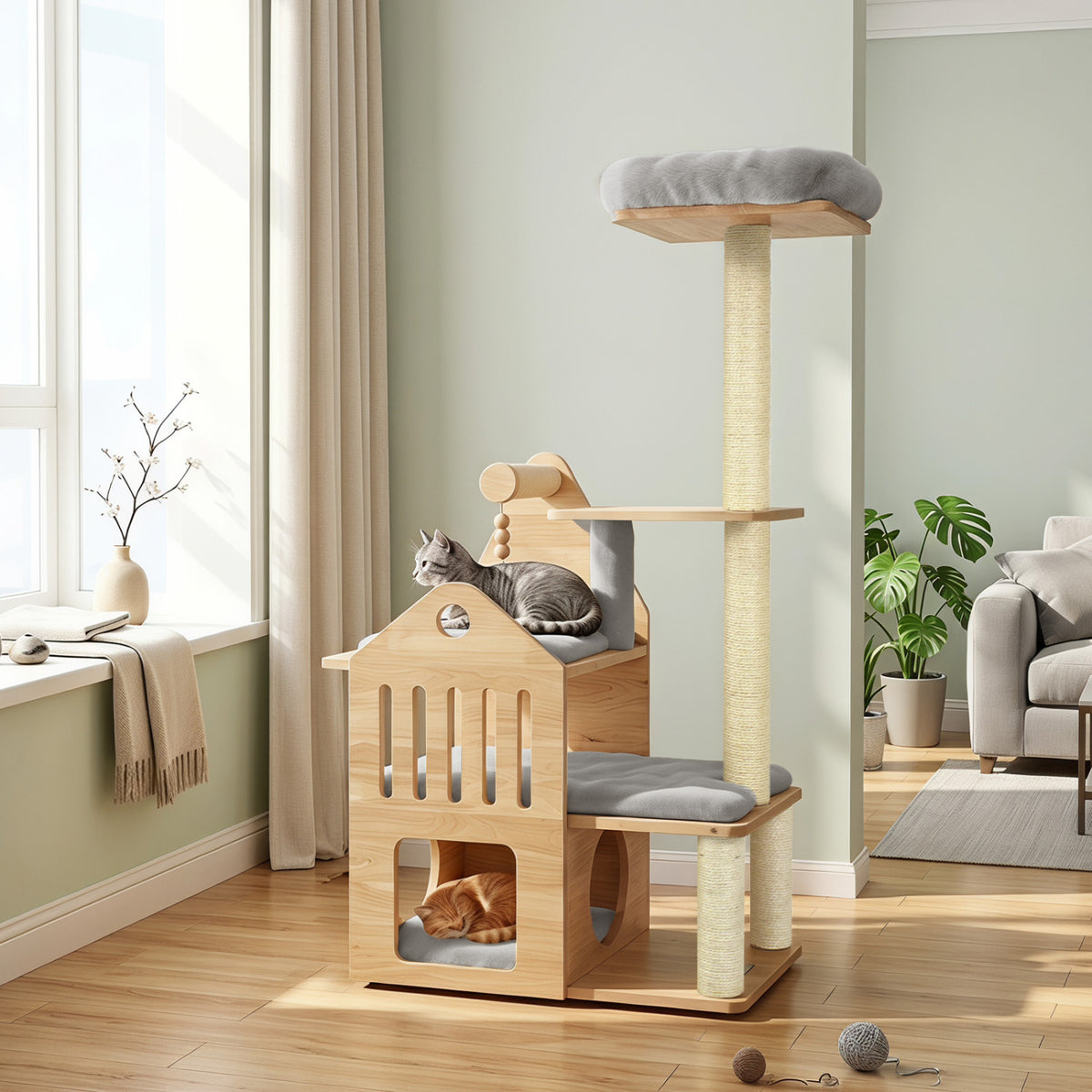 48.5" Multi-Level Solid Wood Cat Tree for Indoor Cats with Padded Top Perch Cat Condo and Sisal Scratching Posts-Gray