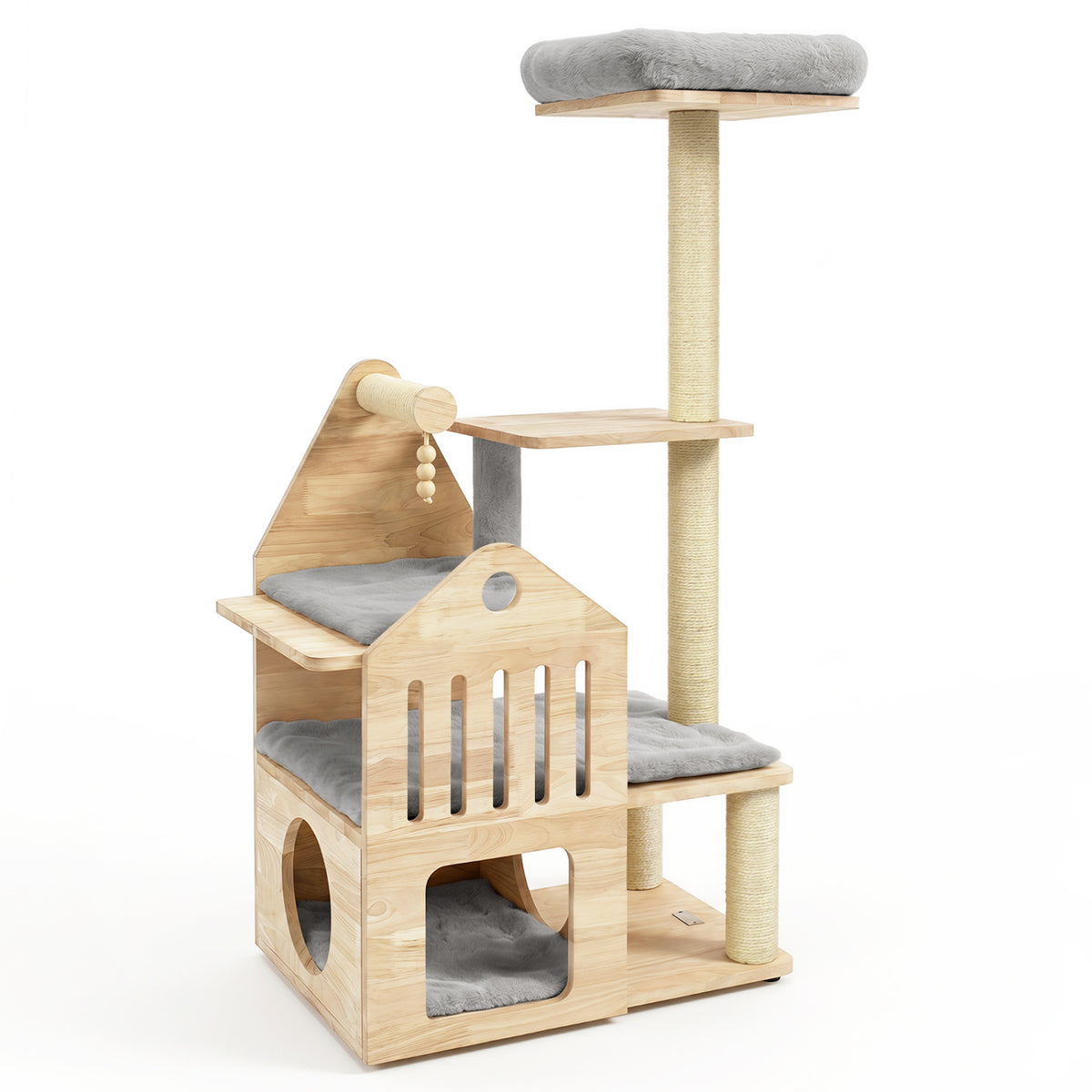 48.5" Multi-Level Solid Wood Cat Tree for Indoor Cats with Padded Top Perch Cat Condo and Sisal Scratching Posts-Gray