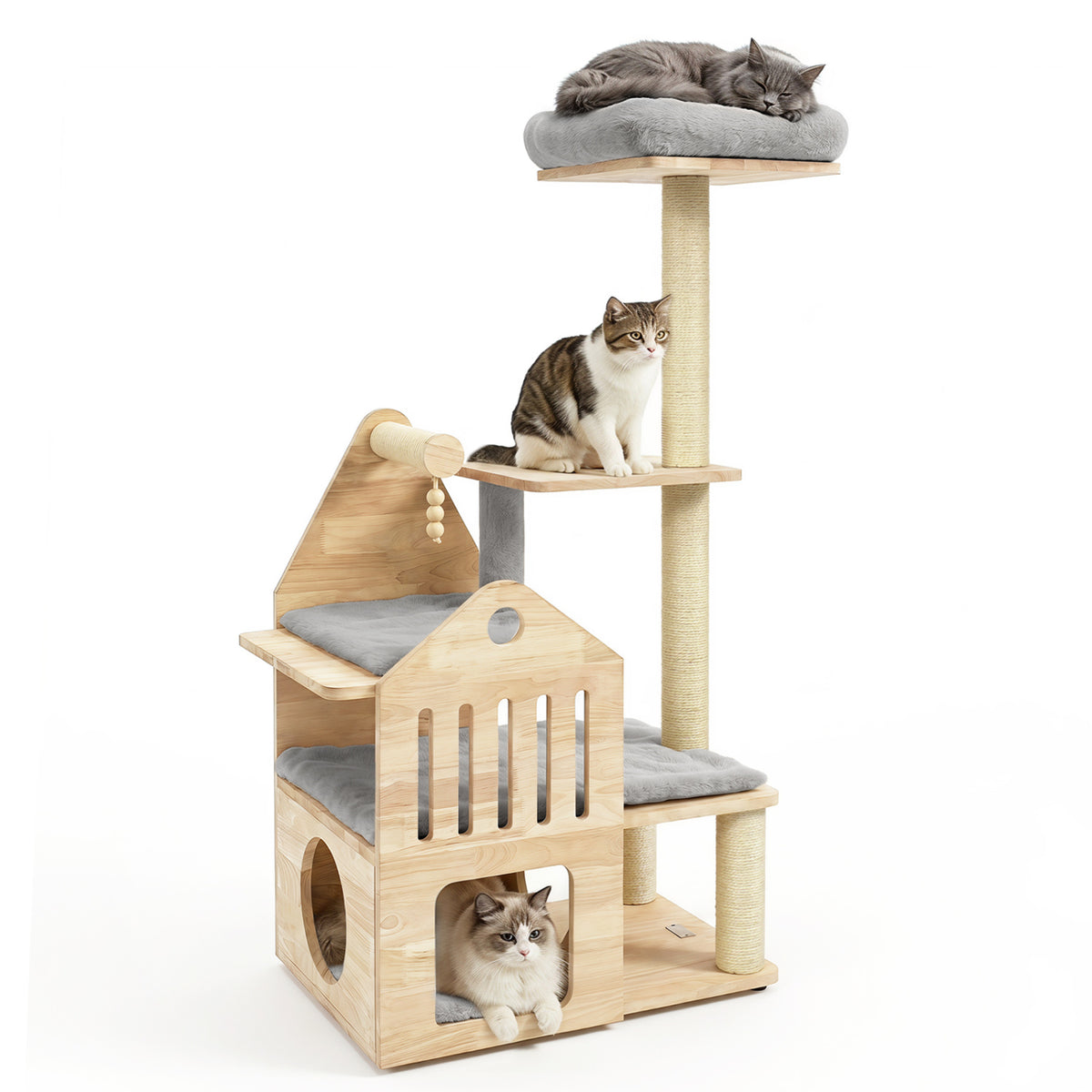 48.5" Multi-Level Solid Wood Cat Tree for Indoor Cats with Padded Top Perch Cat Condo and Sisal Scratching Posts-Gray