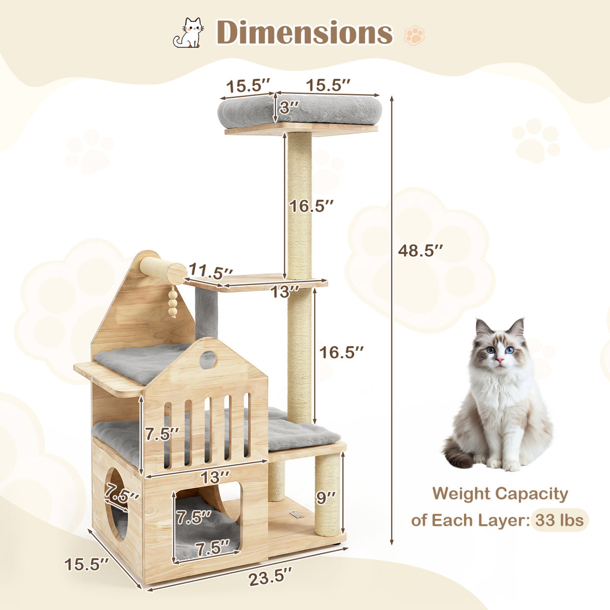 48.5" Multi-Level Solid Wood Cat Tree for Indoor Cats with Padded Top Perch Cat Condo and Sisal Scratching Posts-Gray