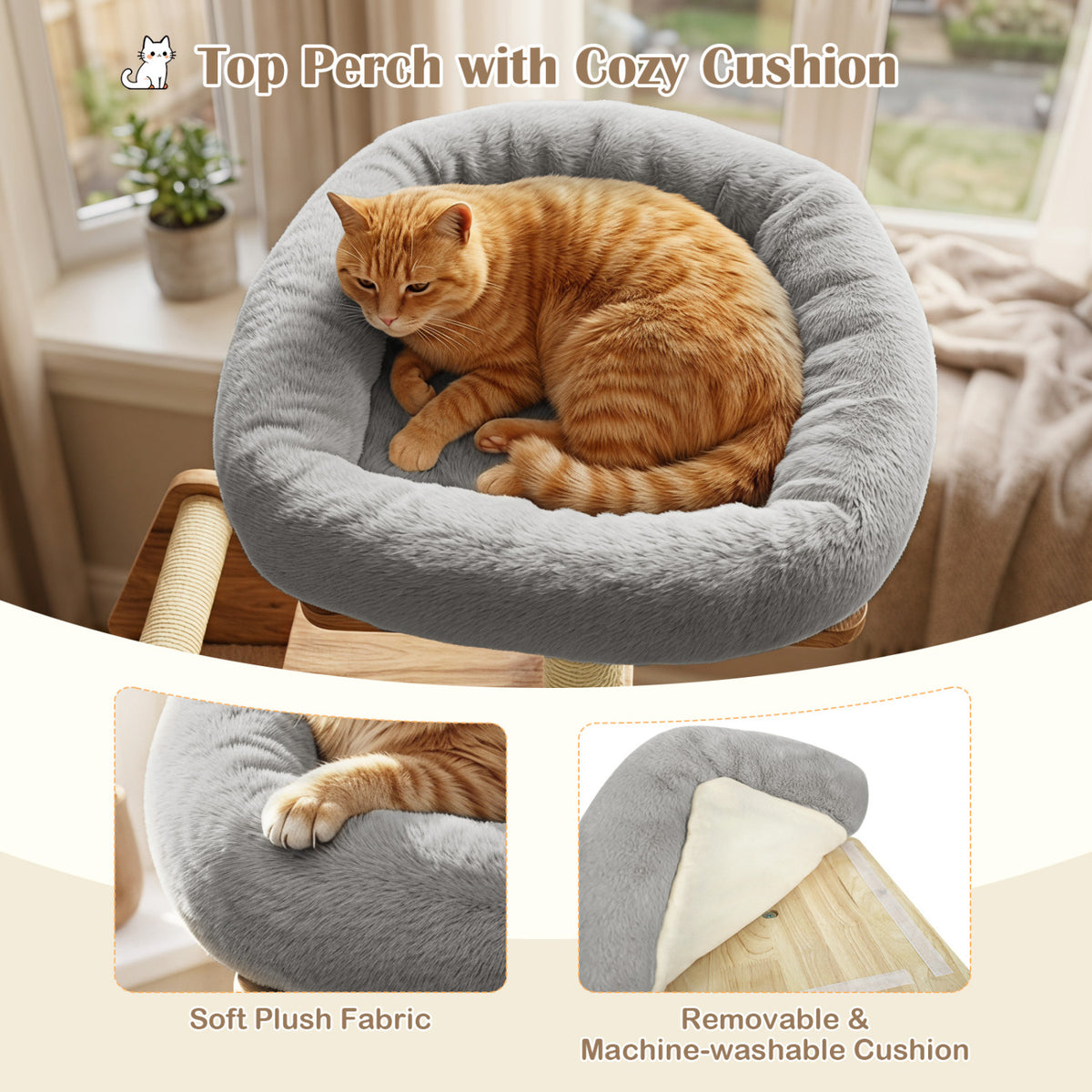 48.5" Multi-Level Solid Wood Cat Tree for Indoor Cats with Padded Top Perch Cat Condo and Sisal Scratching Posts-Gray