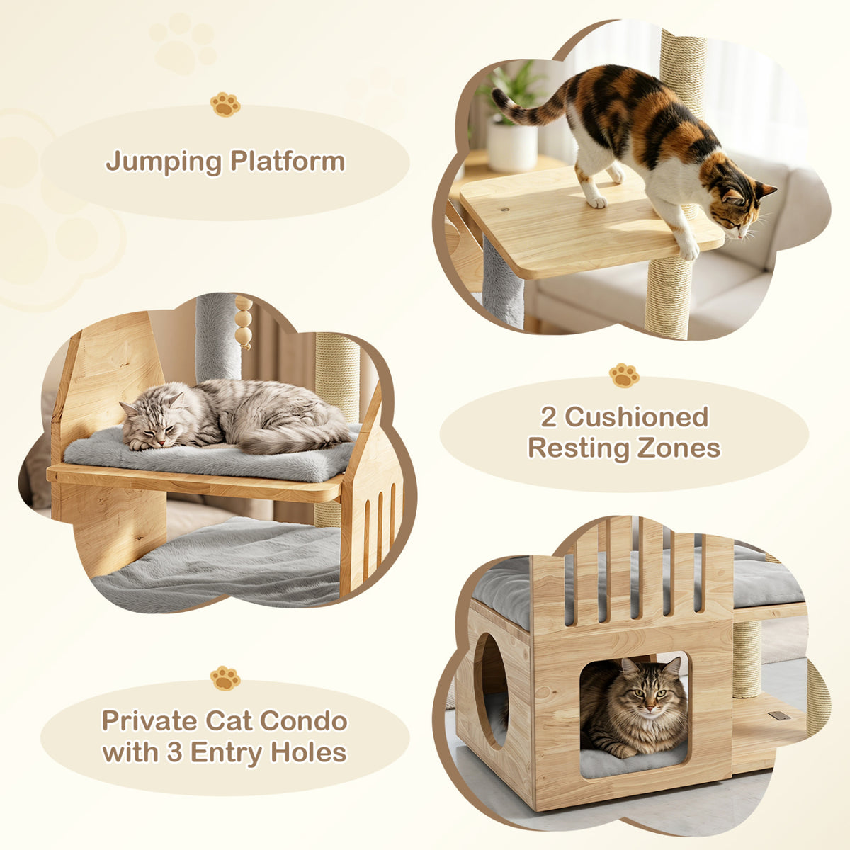 48.5" Multi-Level Solid Wood Cat Tree for Indoor Cats with Padded Top Perch Cat Condo and Sisal Scratching Posts-Gray
