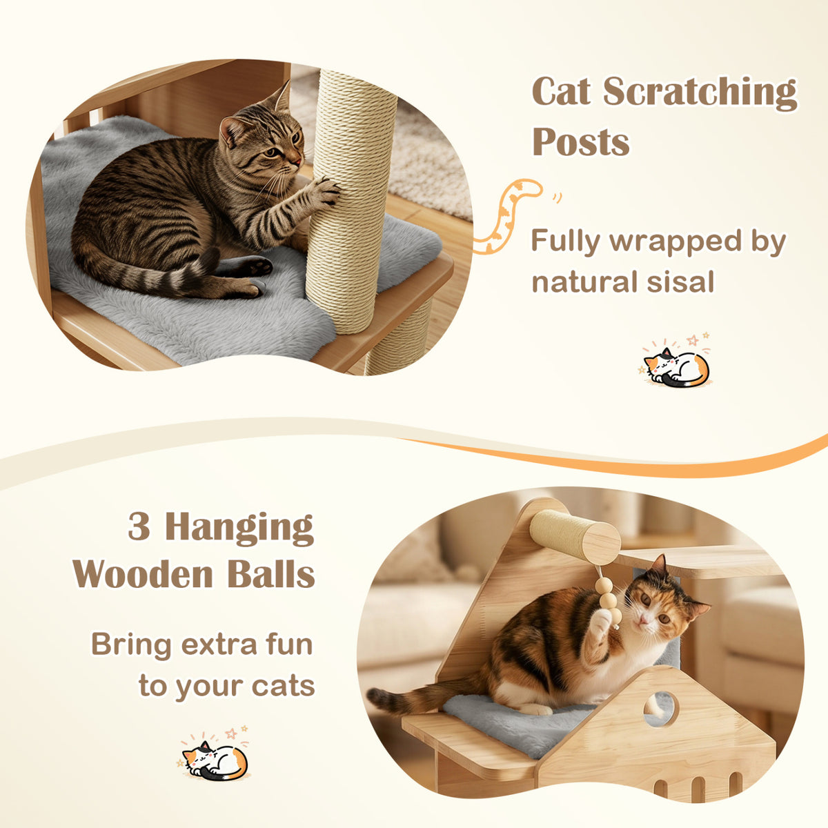 48.5" Multi-Level Solid Wood Cat Tree for Indoor Cats with Padded Top Perch Cat Condo and Sisal Scratching Posts-Gray