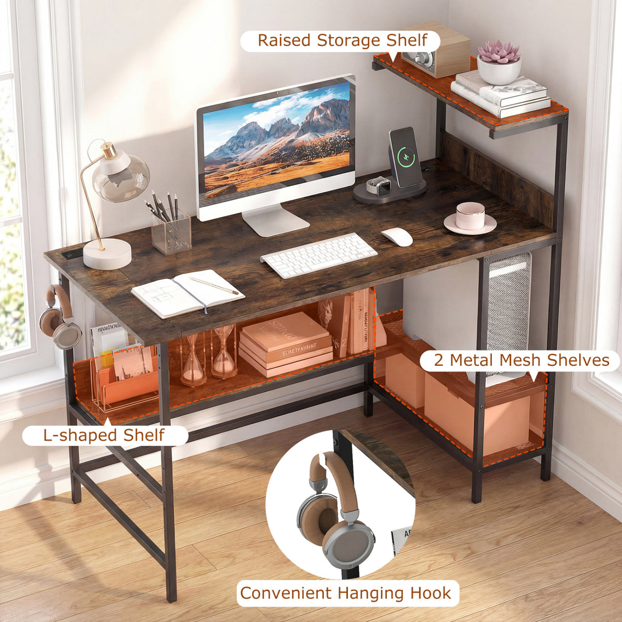 48 Inch Computer Desk with Power Outlets and Storage Shelves-Rustic Brown