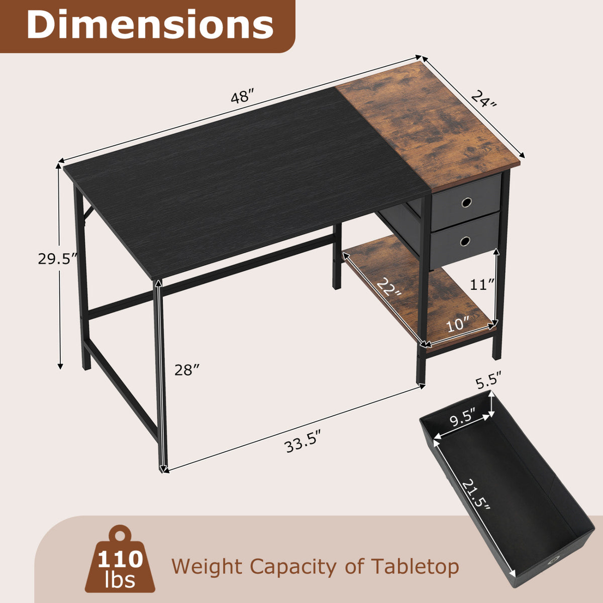 48 Inch Computer Desk with 2 Fabric Drawers Industrial Home Office Desk-Black