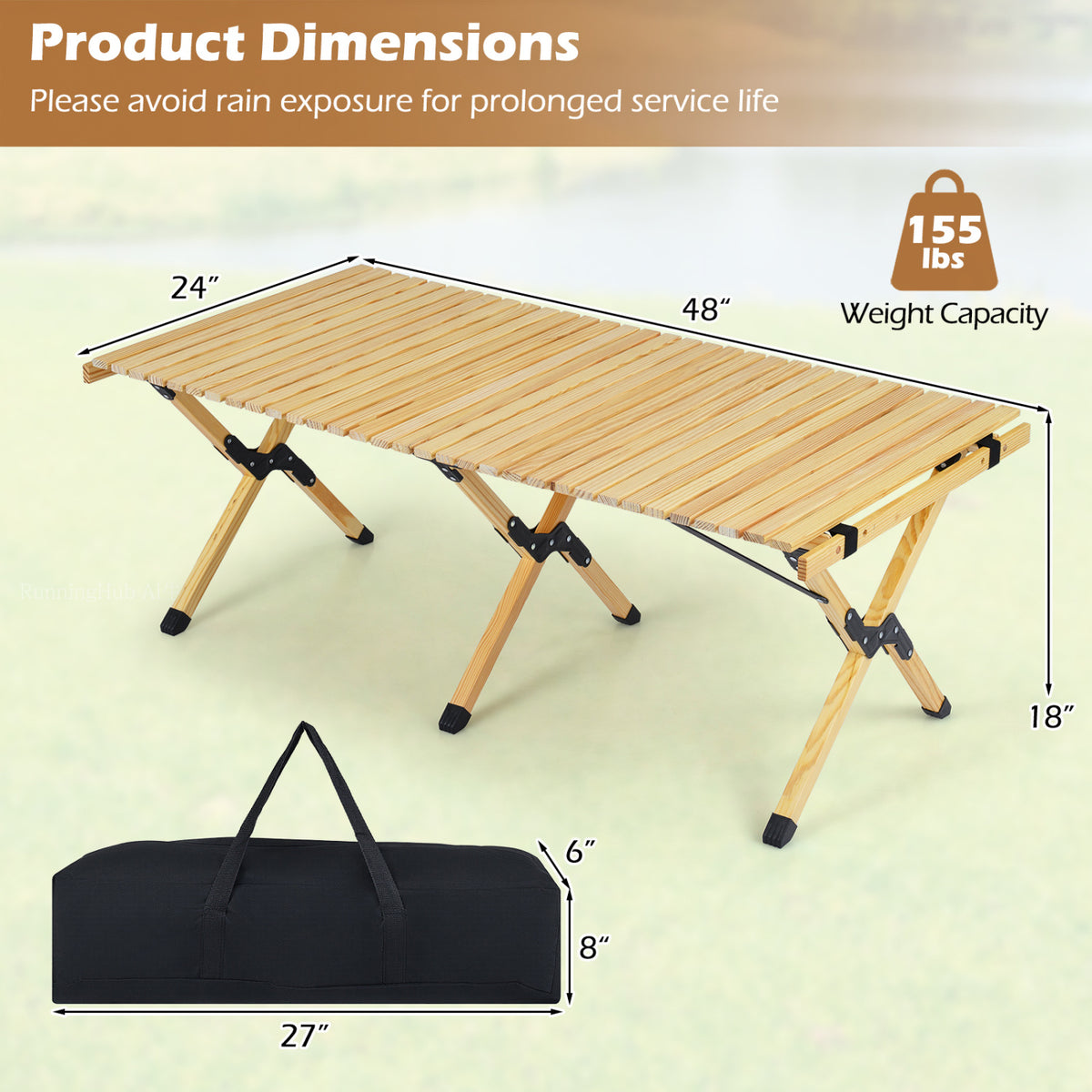 48 Inch Folding Camping Table with Carry Bag for Backyard-Natural