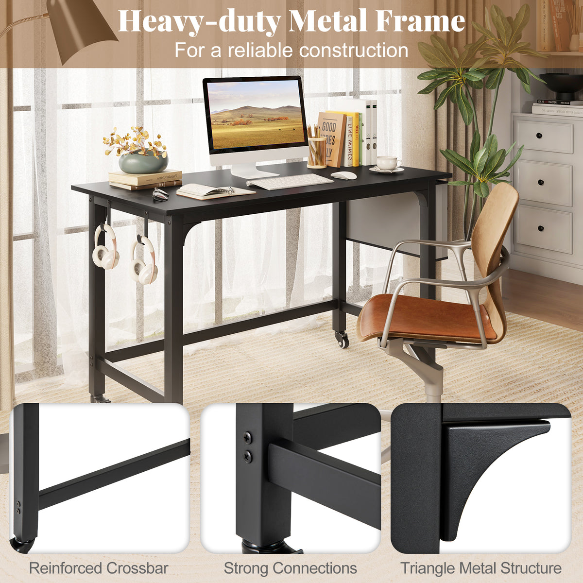 48 Inch Mobile Computer Workstation with 4 Smooth Casters-Black