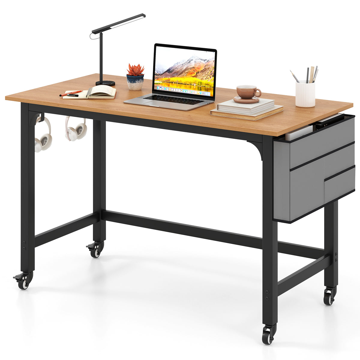 48 Inch Rolling Computer Desk with Heavy-duty Metal Frame for Home and Office-Natural