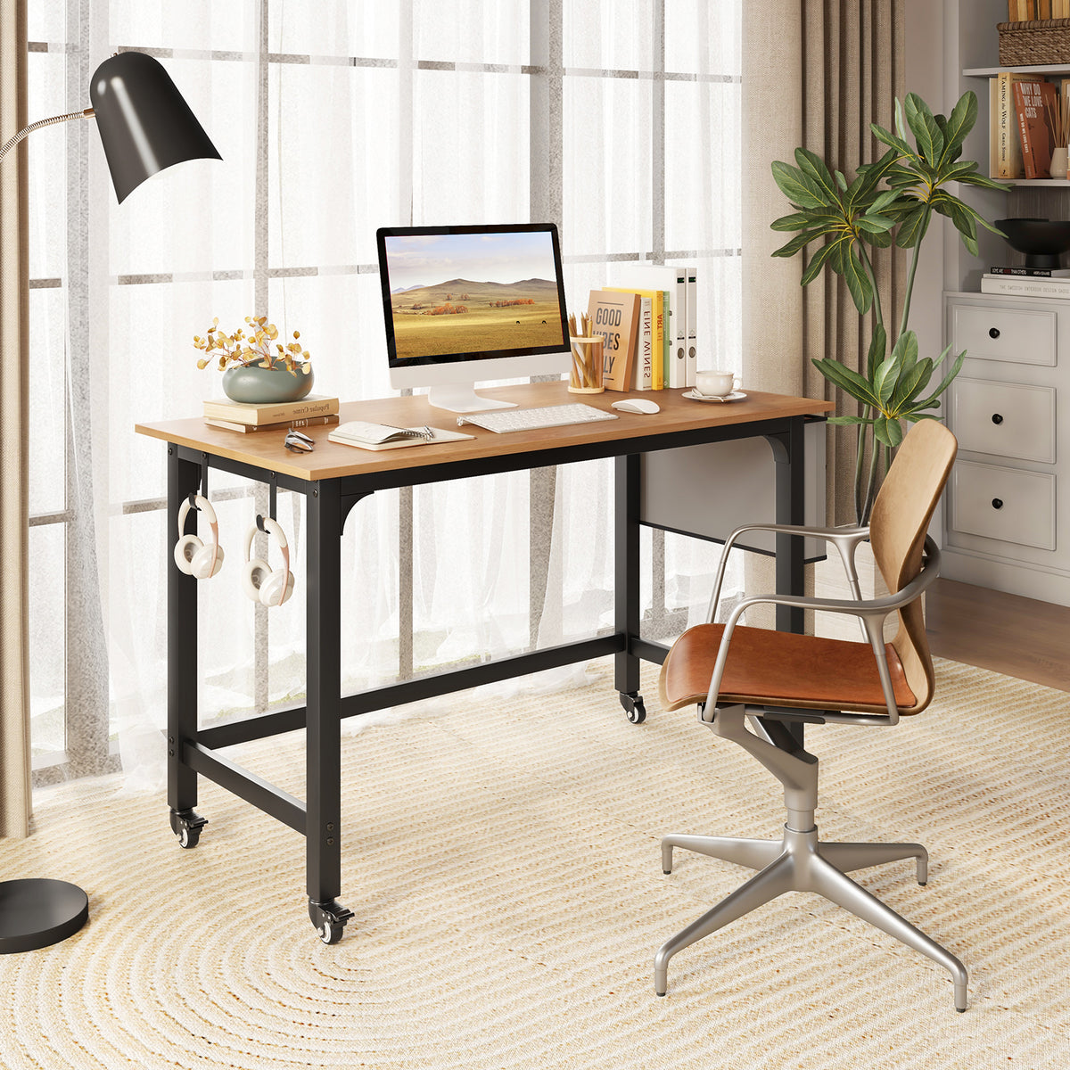 48 Inch Rolling Computer Desk with Heavy-duty Metal Frame for Home and Office-Natural