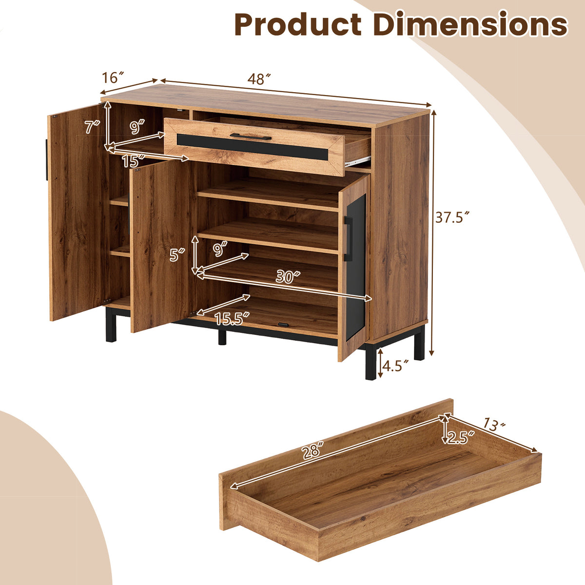 48 Inch Sideboard Buffet Cabinet with Drawer and Metal Legs-Natural