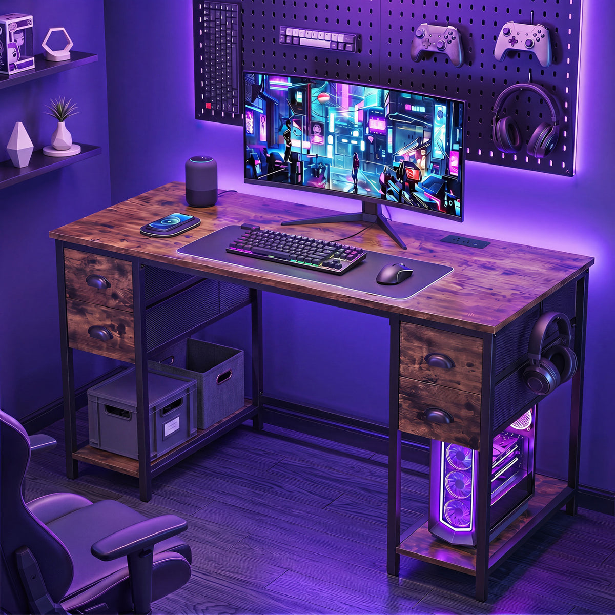 48 Inches Computer Desk with Power Outlet Home Office Desk with 4 Fabric Drawers-Brown