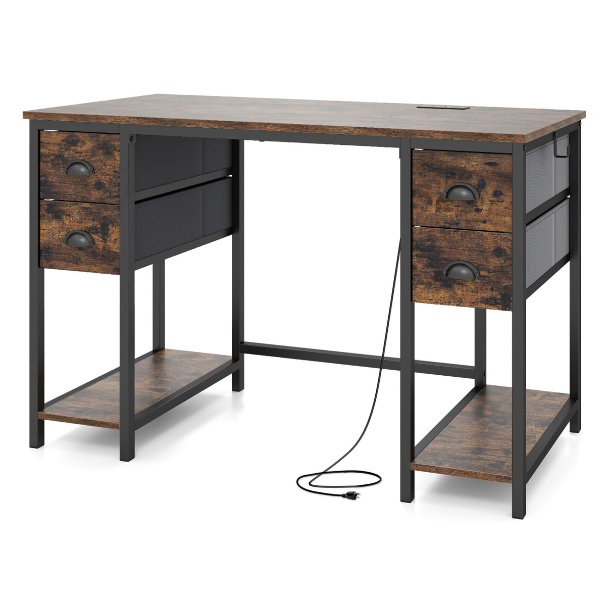 48 Inches Computer Desk with Power Outlet Home Office Desk with 4 Fabric Drawers-Brown