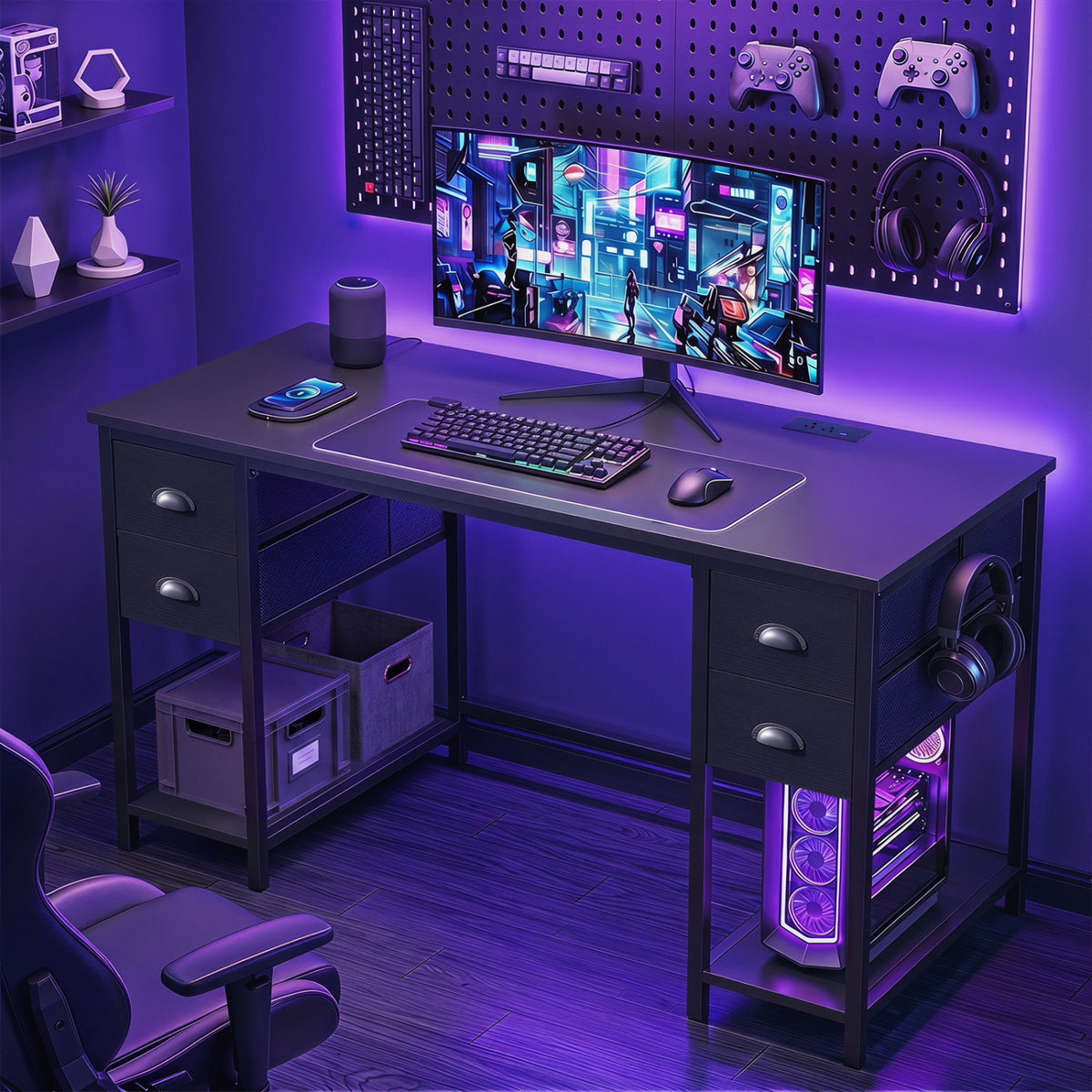 48 Inches Computer Desk with Power Outlet Home Office Desk with 4 Fabric Drawers-Black