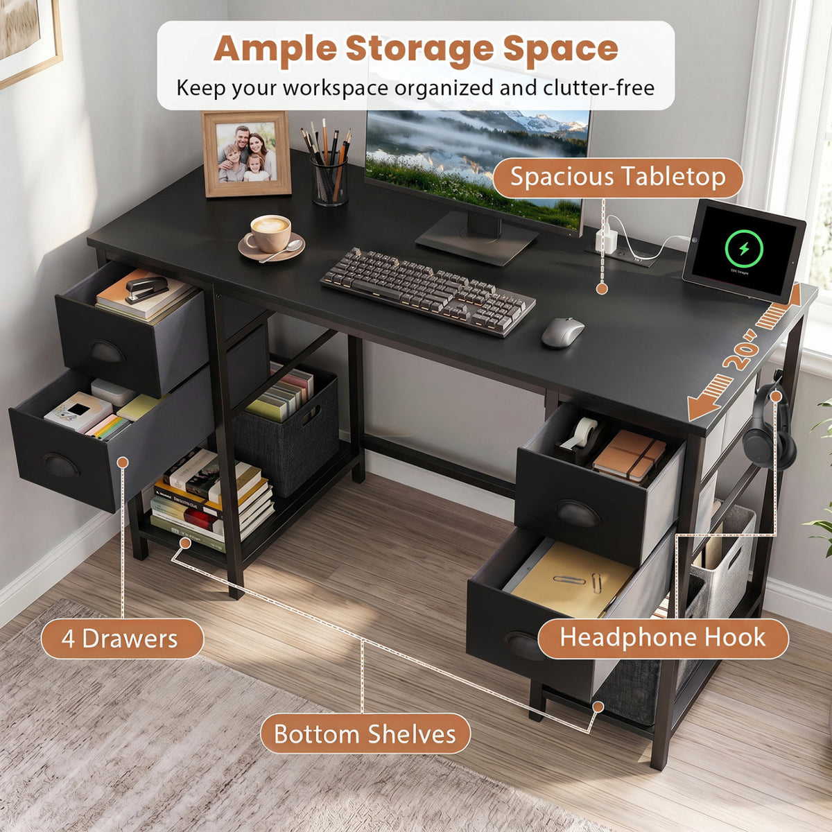 48 Inches Computer Desk with Power Outlet Home Office Desk with 4 Fabric Drawers-Black
