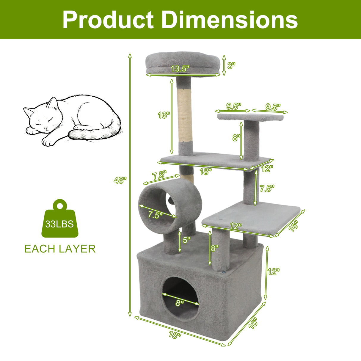 48 Inches Tall Cat Tree Multi-Level Kitten Tower with Large Condo Padded Top Perch-Light Gray