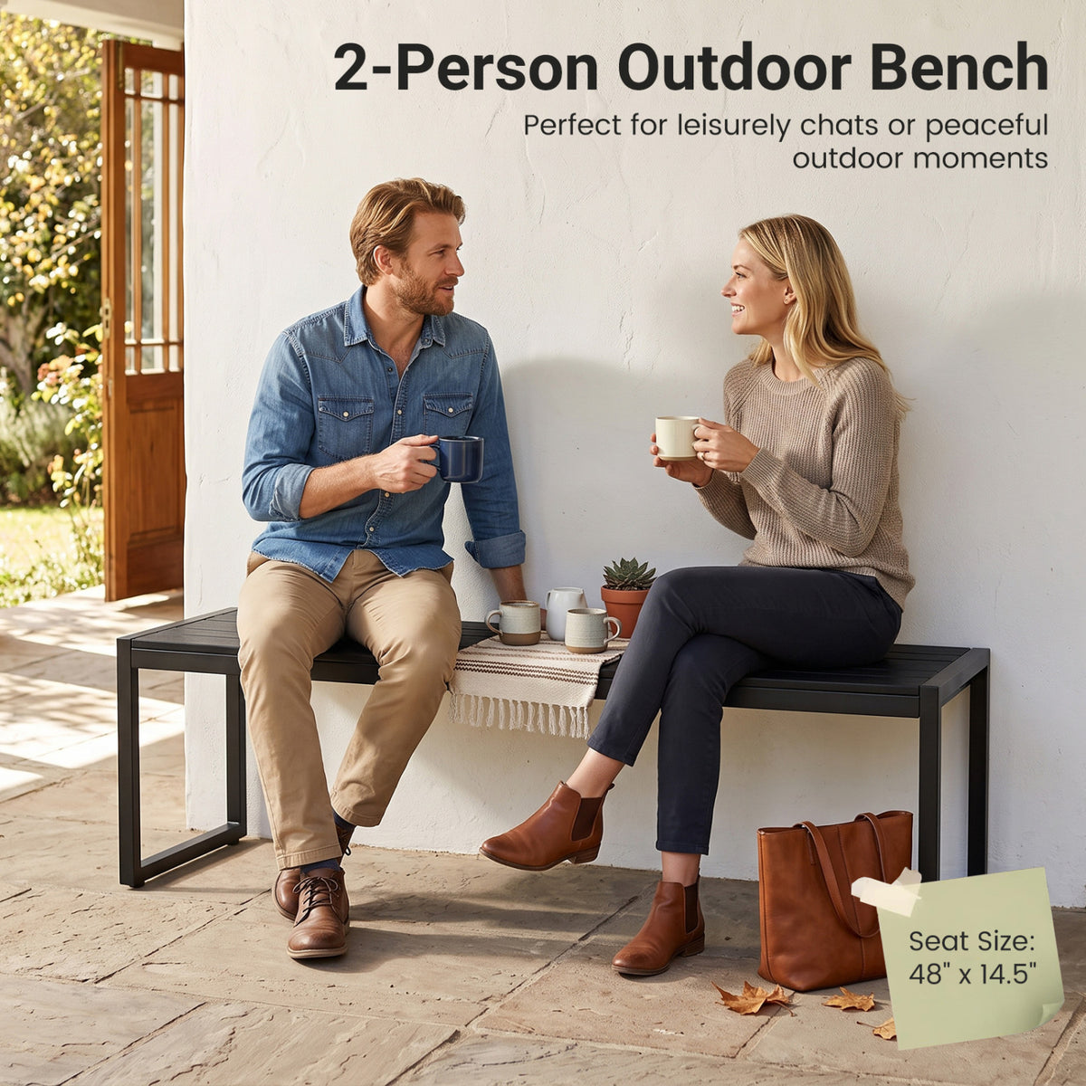 48" Outdoor Bench Set of 2 with Wood-Plastic Composite and Metal Frame Slatted Sea-Black