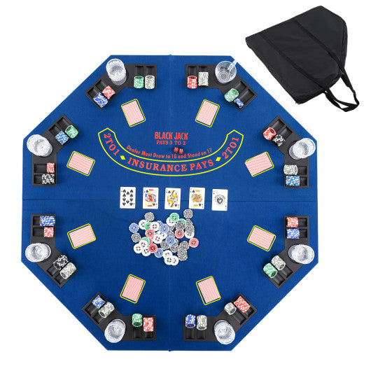 48 Inch 8-Player Foldable Poker Table Top with Carrying Bag and Cup Holders-Blue