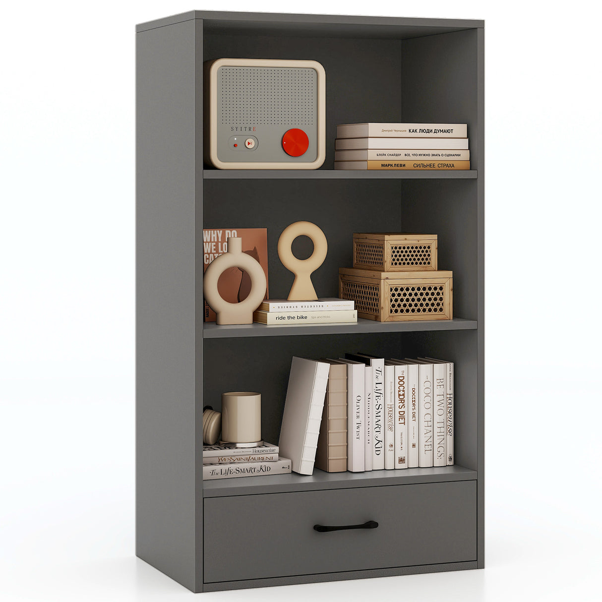 48 Inch Tall 4 Tiers Wood Bookcase with Drawer-Gray