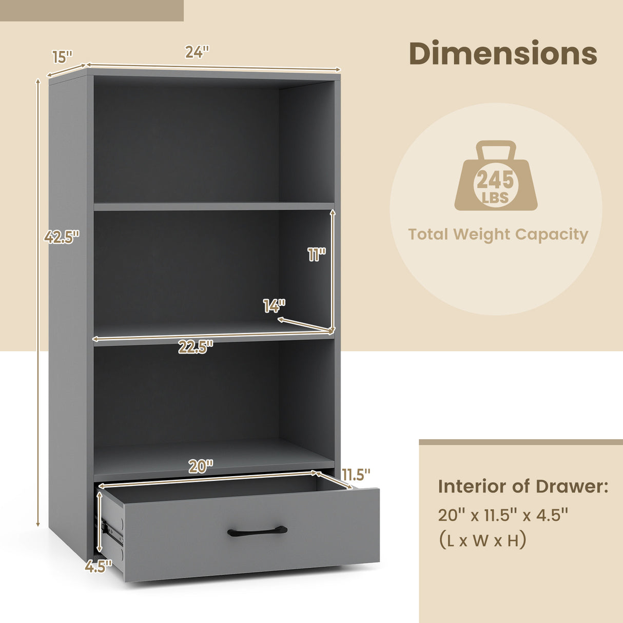 48 Inch Tall 4 Tiers Wood Bookcase with Drawer-Gray