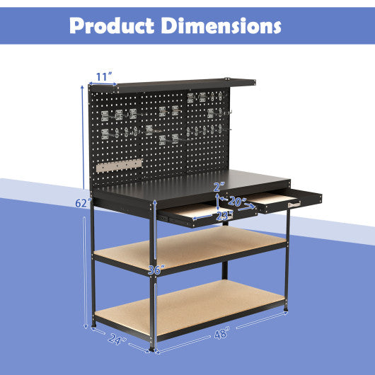 48 x 24 Inch Workbench Work Table with 3 PCs Pegboard Drawer and Shelves-Black