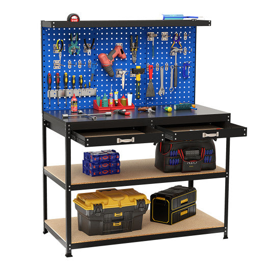 48 x 24 Inch Workbench Work Table with 3 PCs Pegboard Drawer and Shelves-Navy