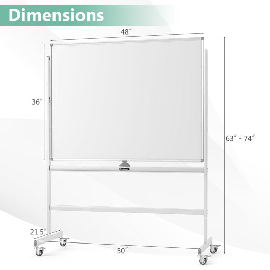 48 x 36 Inches Rolling Double-Sided Whiteboard with Magnetic Surface-White