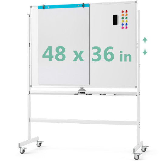 48 x 36 Inches Rolling Double-Sided Whiteboard with Magnetic Surface-White