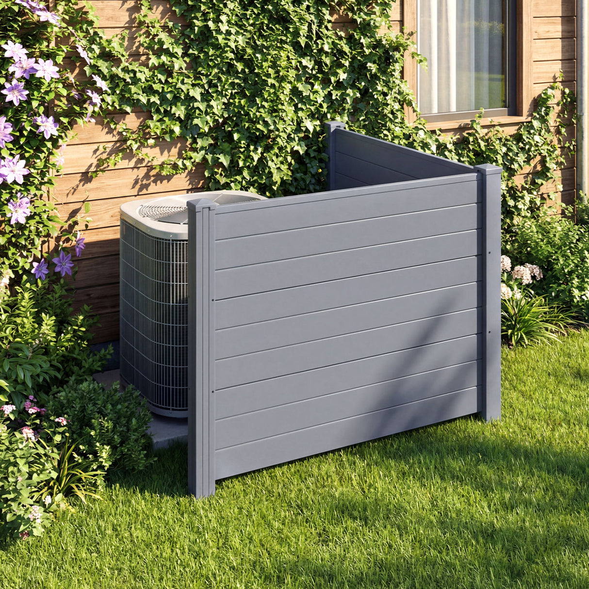 48 x 38 Inch Air Conditioner Fence 2 Panels with Metal Ground Stakes-Gray