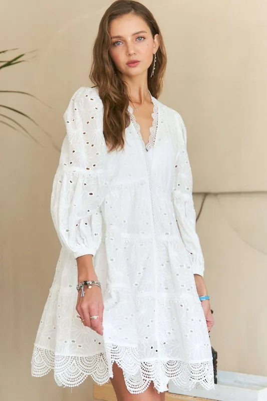Lace Detail Tiered Eyelet V-Neck Babydoll Dress For Women – Feminine Boho Chic Dress, Fluttering, Elegant Lace & Eyelet