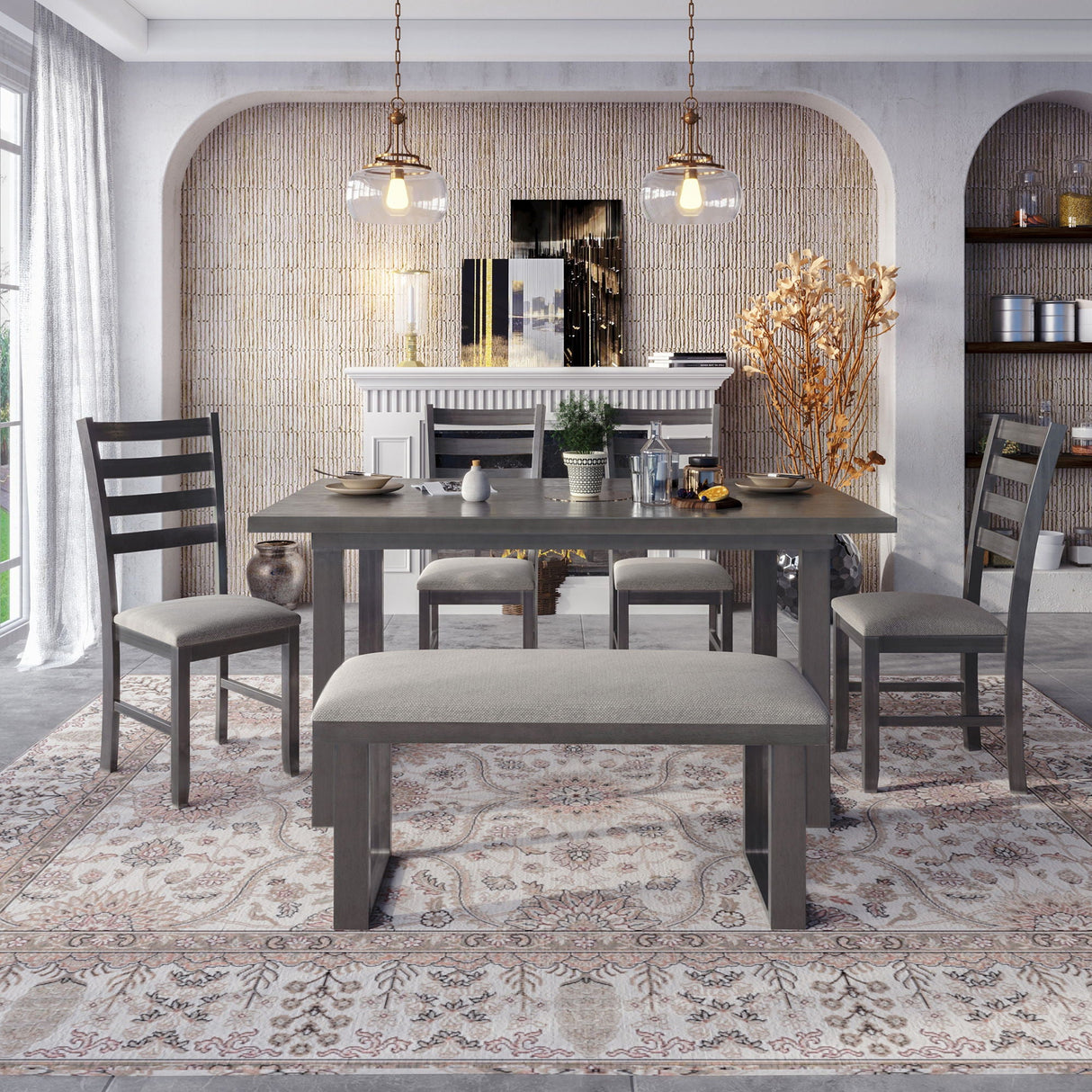6 Pieces Family Furniture, Solid Wood Dining Room Set With Rectangular Table & 4 Chairs With Bench - Gray by Couch.com