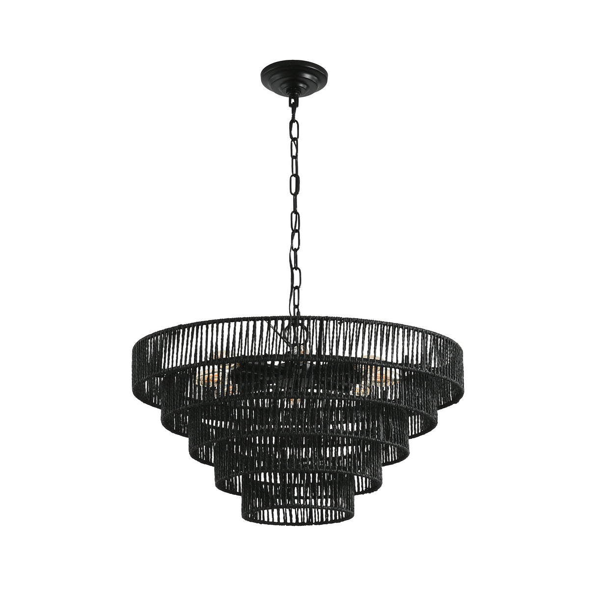 24" Rustic 5-Tier Black Hemp Rope Pendant Light Chandelier