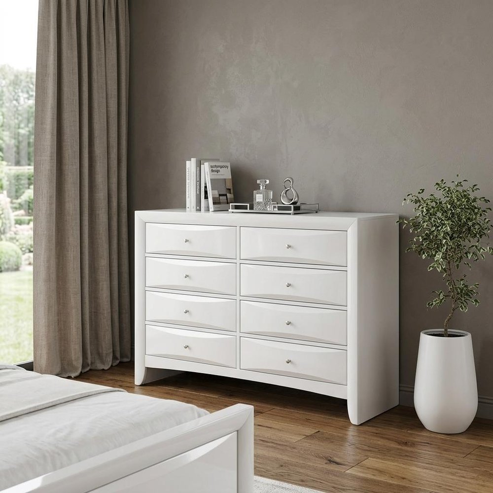59" White Wood Eight Drawer Double Dresser