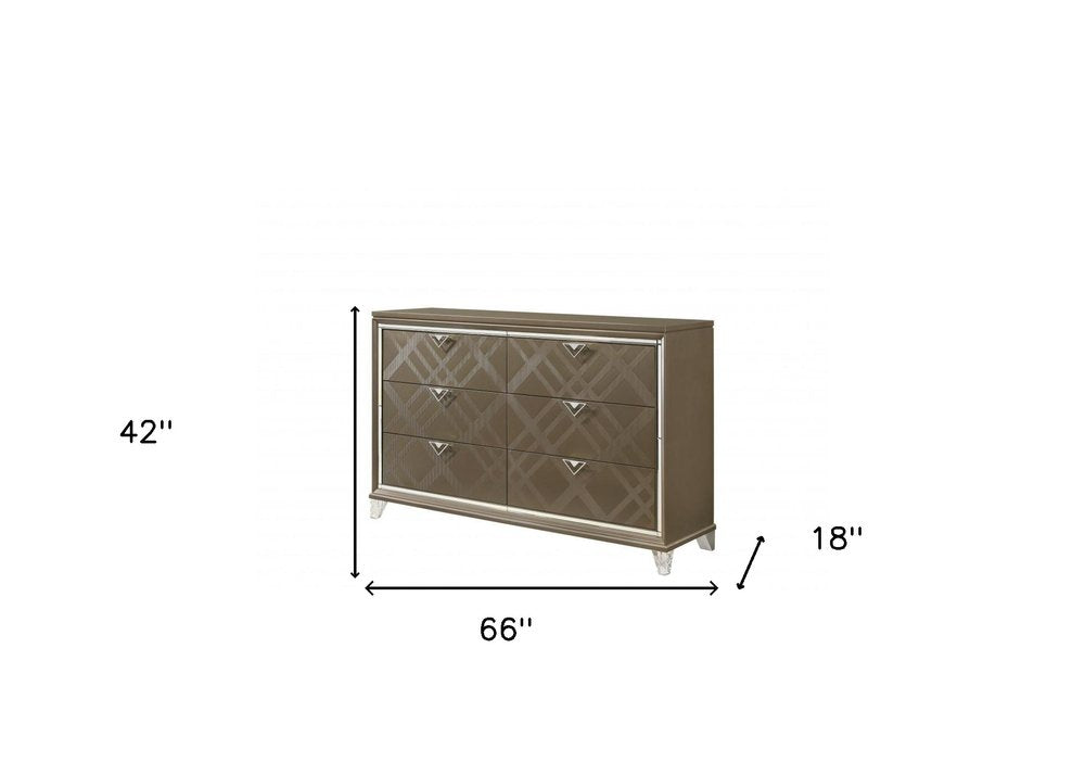 66" Champagne Wood Six Drawer Double Dresser