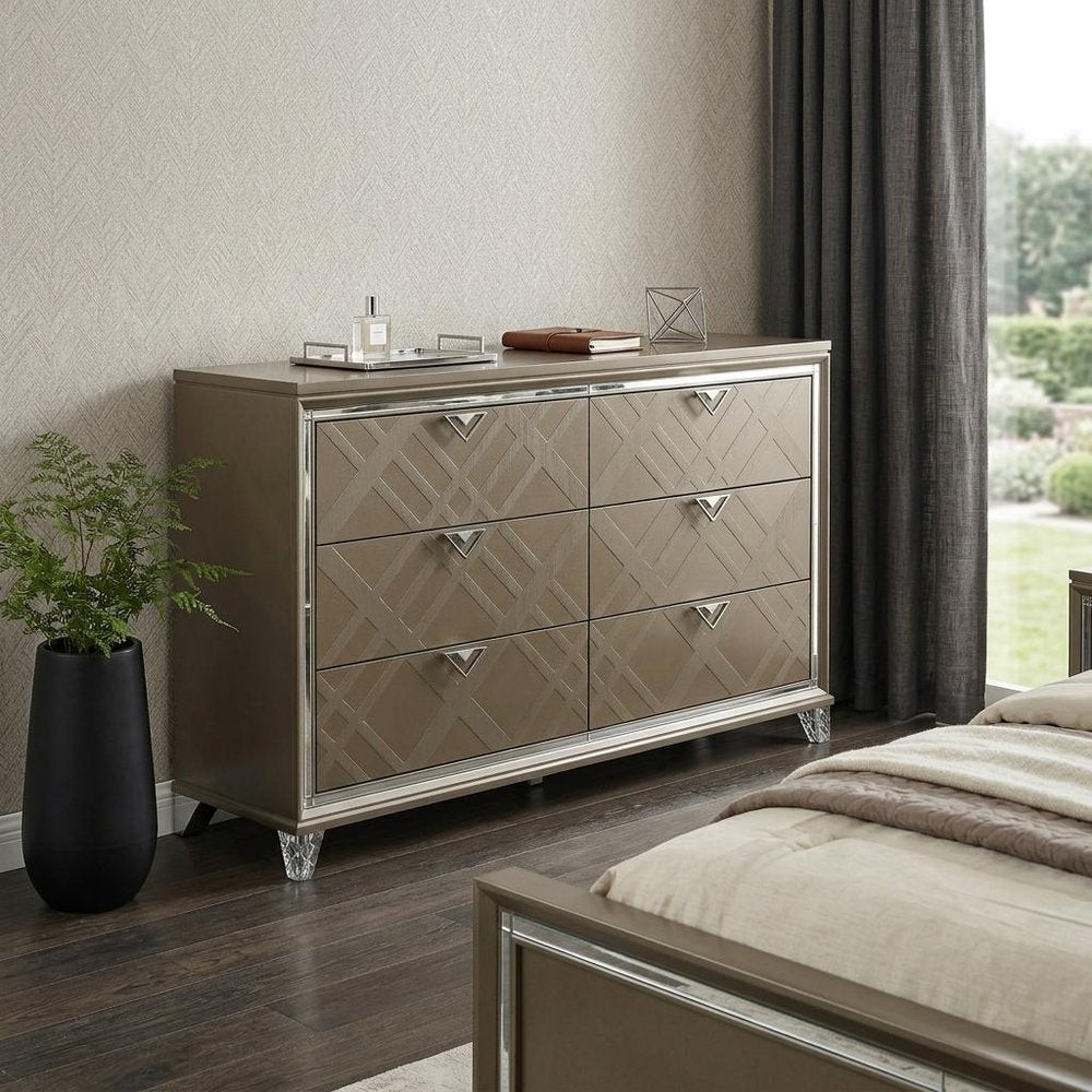 66" Champagne Wood Six Drawer Double Dresser