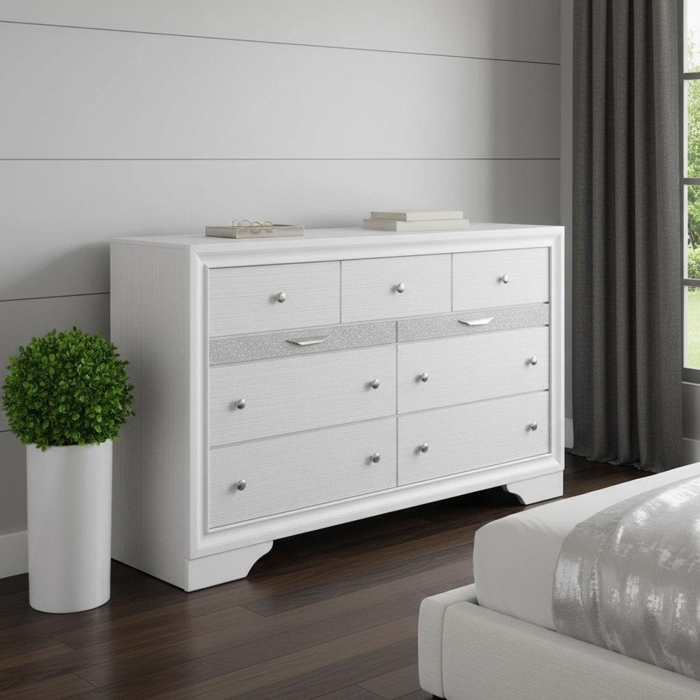 63" White Wood Nine Drawer Double Dresser