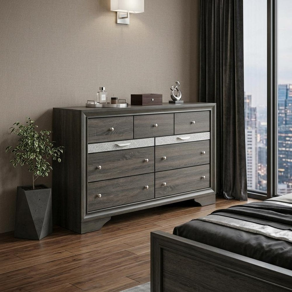 63" Gray Wood Nine Drawer Double Dresser