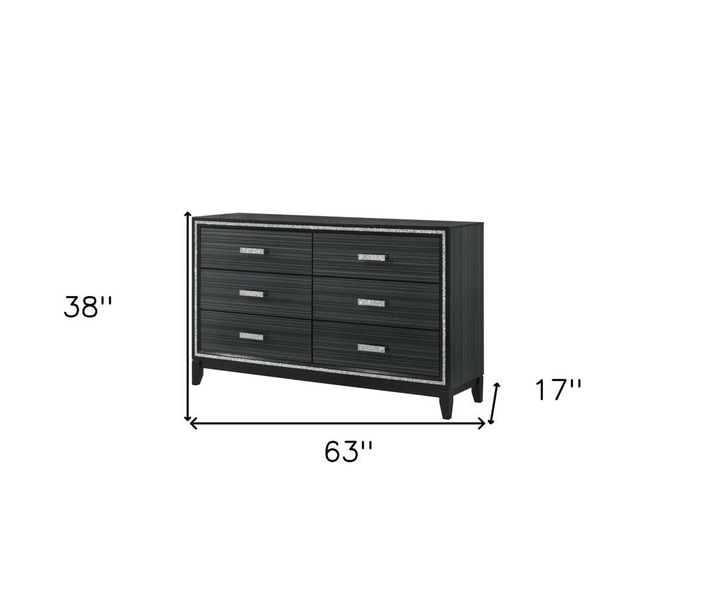 63" Black Wood Six Drawer Double Dresser