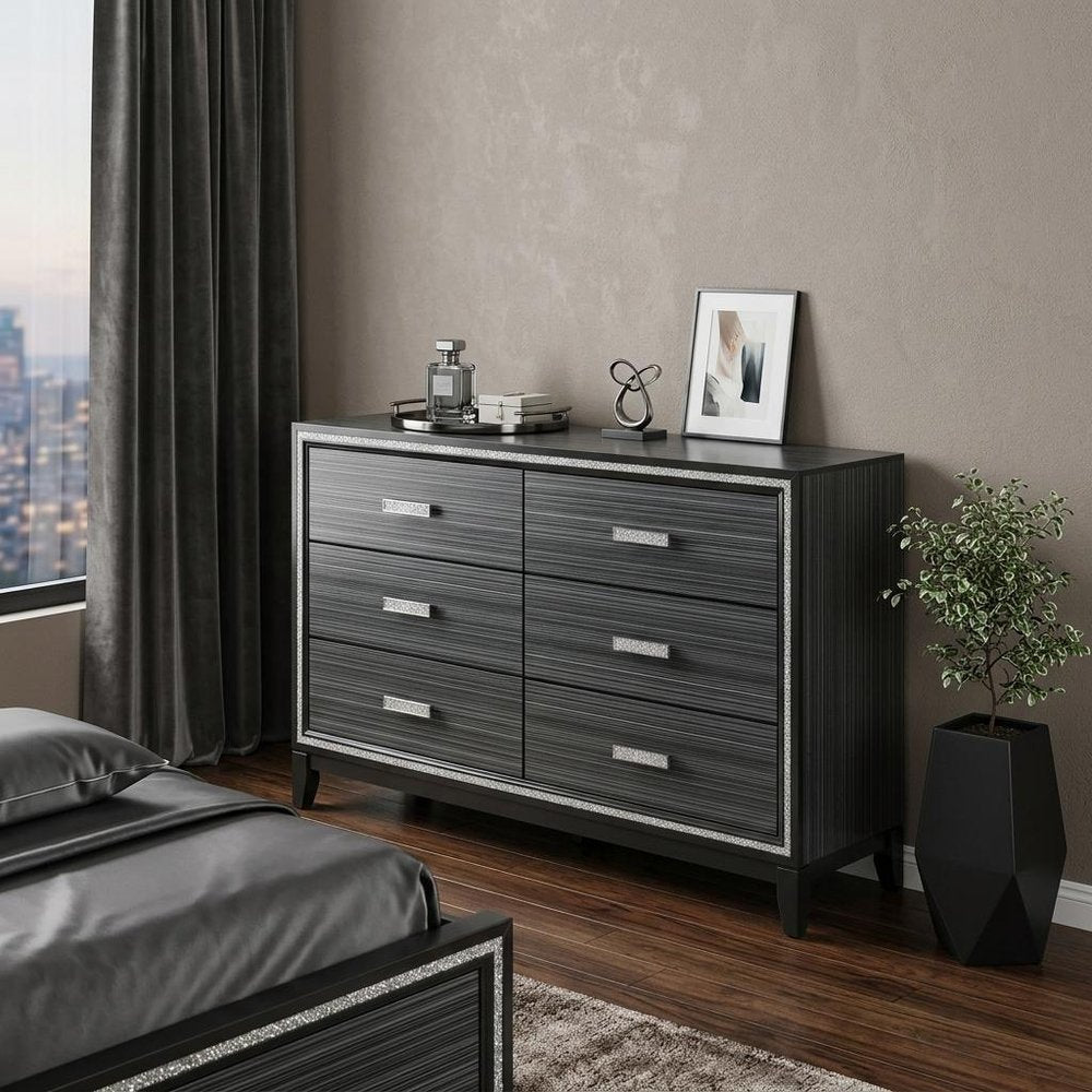 63" Black Wood Six Drawer Double Dresser