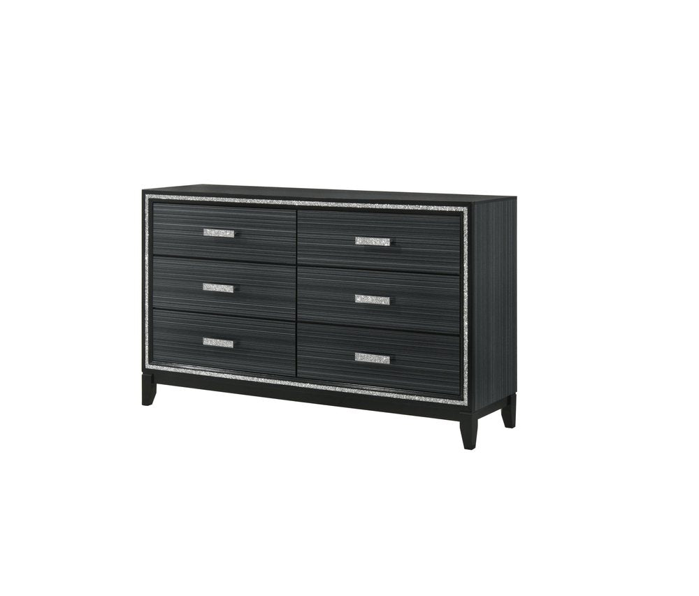 63" Black Wood Six Drawer Double Dresser