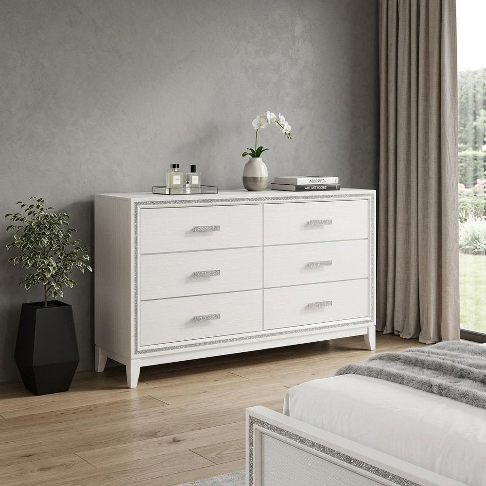 63" White Wood Six Drawer Double Dresser