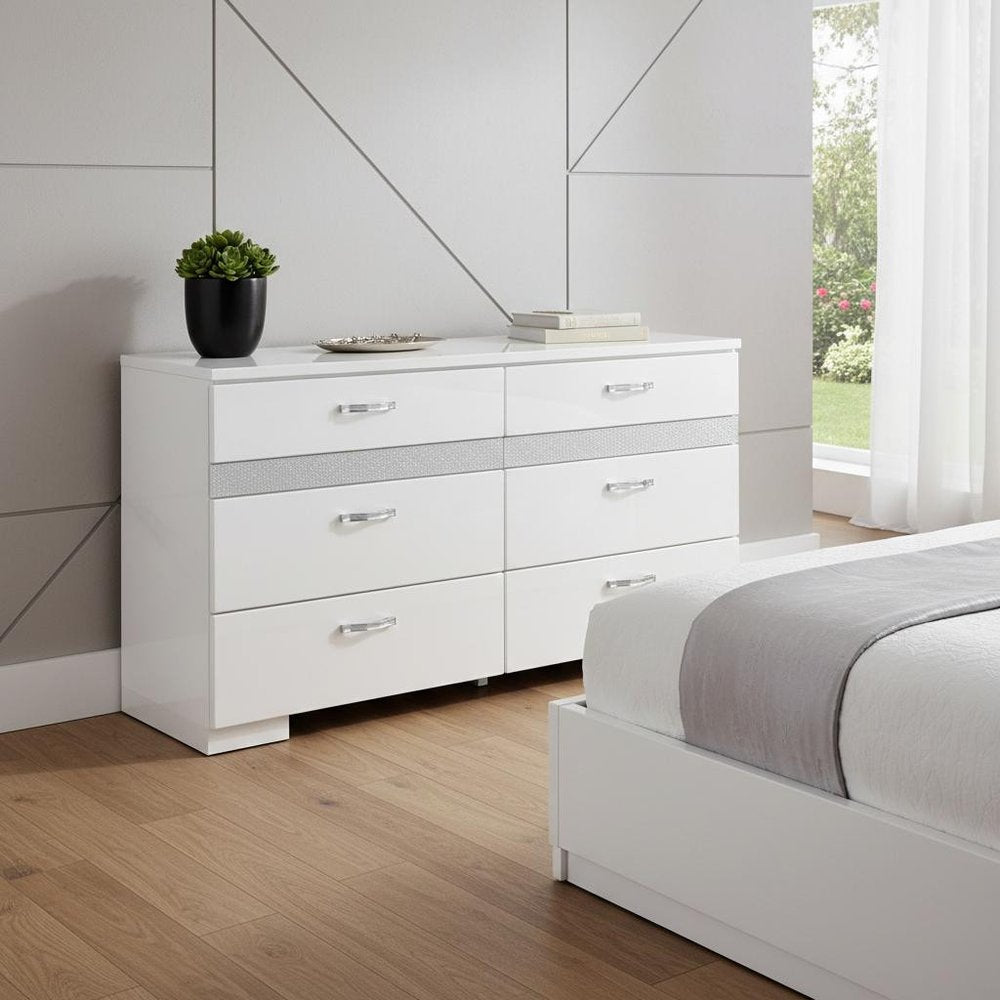 63" White Wood Eight Drawer Double Dresser