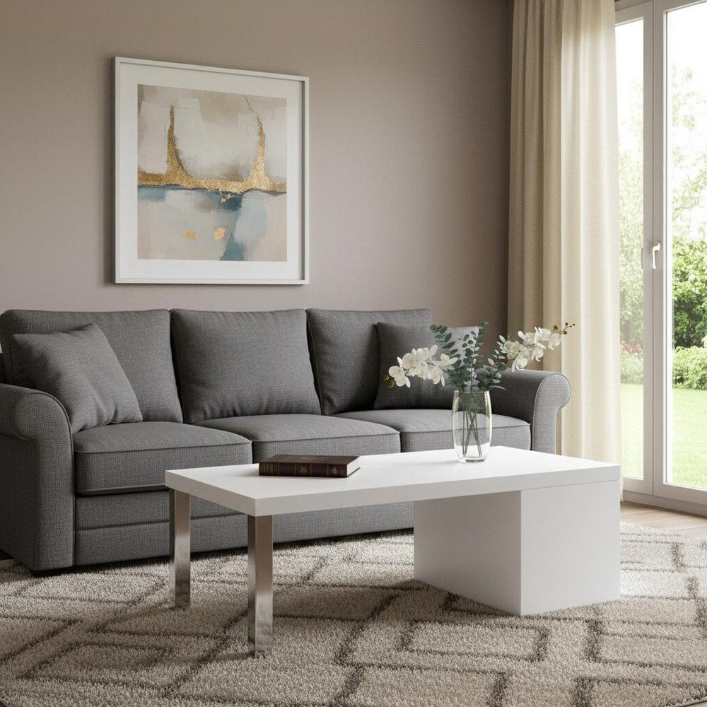 47" White and Silver Wood And Metal Frame Coffee Table With Shelf