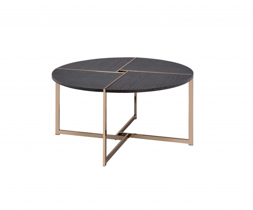 35" Black and Champagne Metal Round Cross Legs Coffee Table