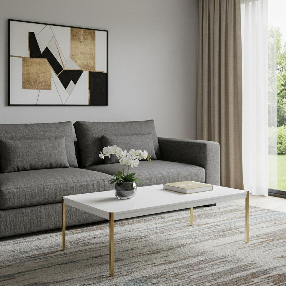 48" White and Gold Wood And Metal Coffee Table