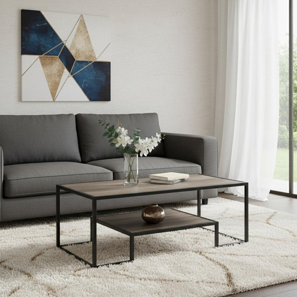 45" Brown and Black Metal Sled Coffee Table With Shelf