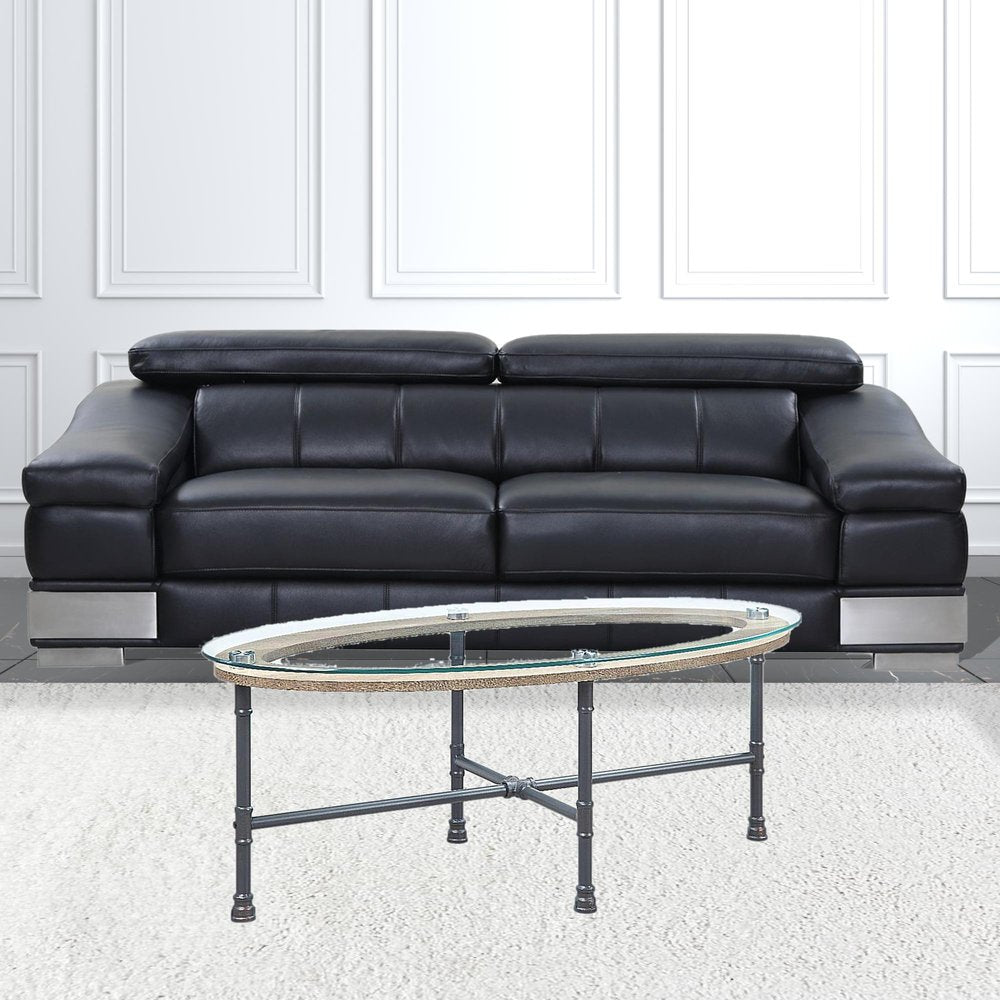 47" Clear and Gray Glass And Metal Oval Sled Coffee Table