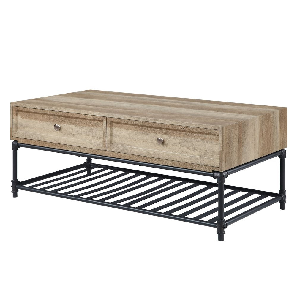 47" Oak and Brown Metal Coffee Table With Two Drawers And Shelf