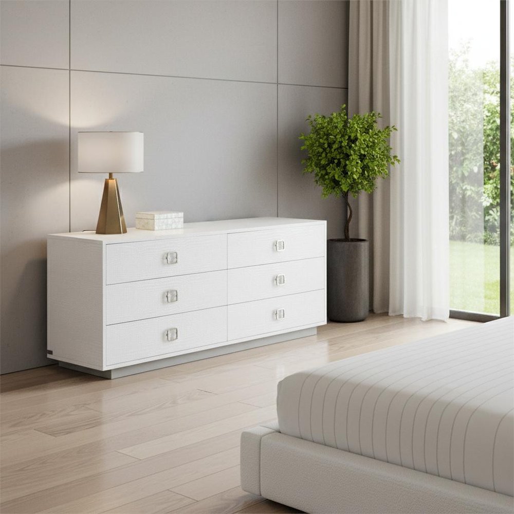 63" White Wood Six Drawer Double Dresser